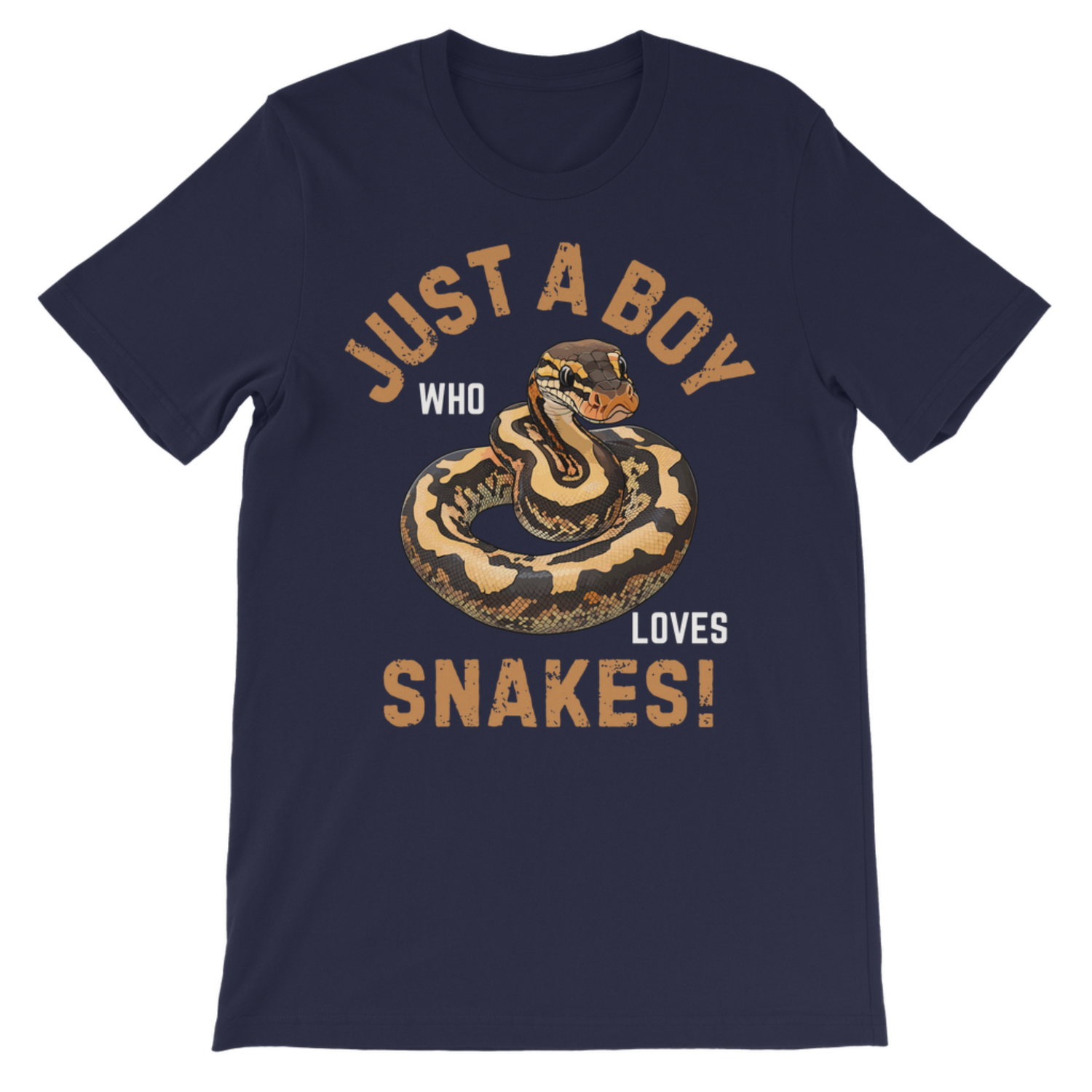 Kids navy T-shirt featuring a bold ball python illustration with the slogan ‘Just a Boy Who Loves Snakes!’ 
