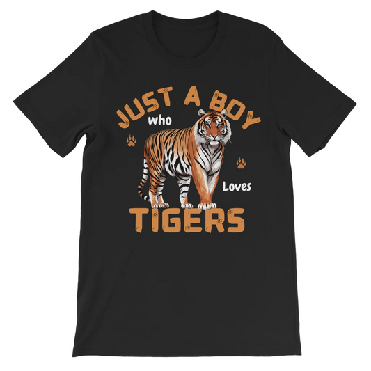 A kids black crew neck T-shirt with a graphic of a tiger and the text 'Just a boy who loves tigers'.