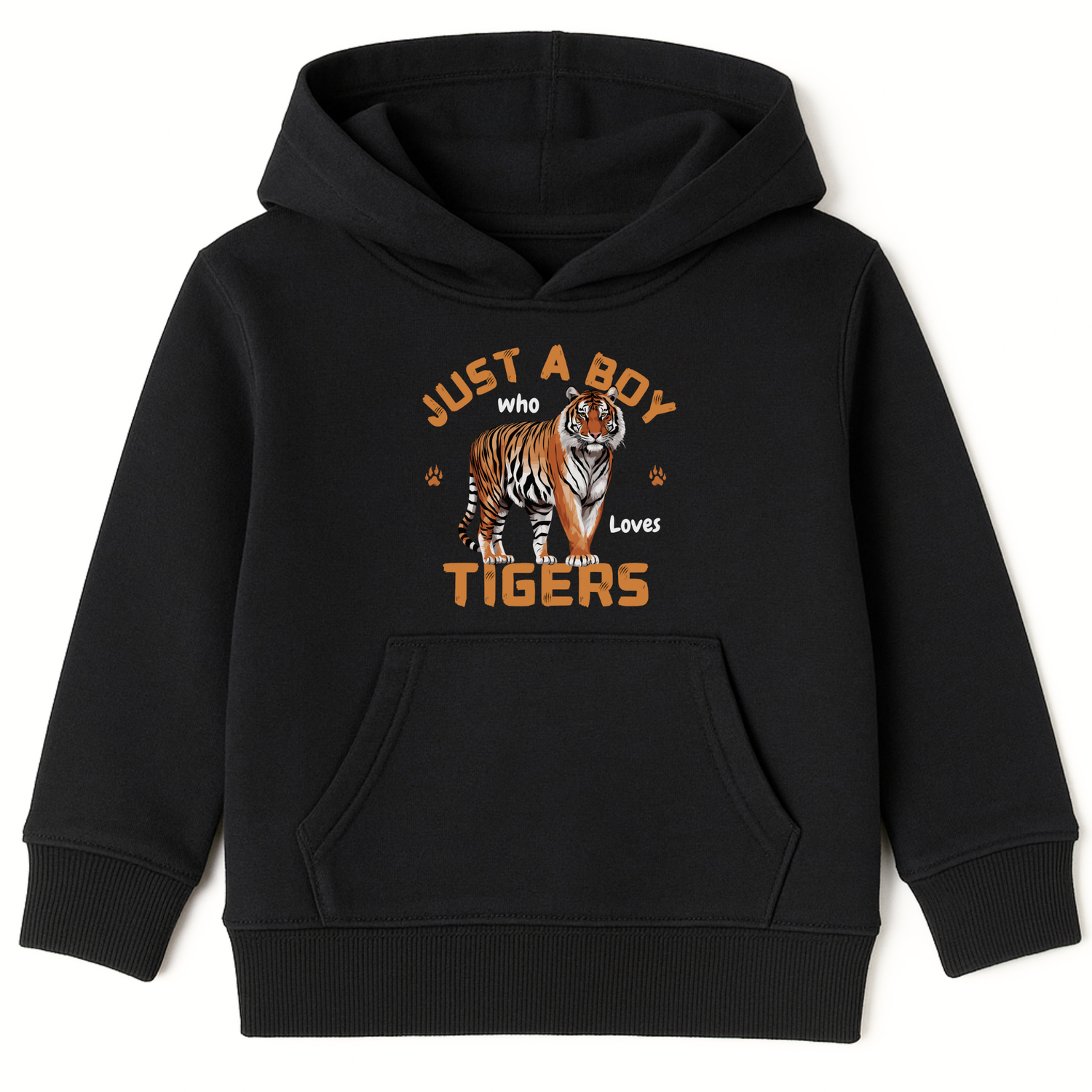 Kids black hoodie with "just a boy who loves tigers" graphic and text, styled on a white background