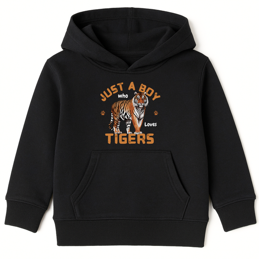 Kids black hoodie with "just a boy who loves tigers" graphic and text, styled on a white background