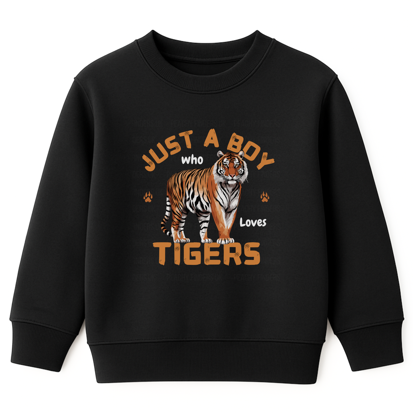 Boys black sweatshirt jumper featuring a bold tiger graphic and the phrase "Just a Boy Who Loves Tigers" design with foot prints and claw marks.