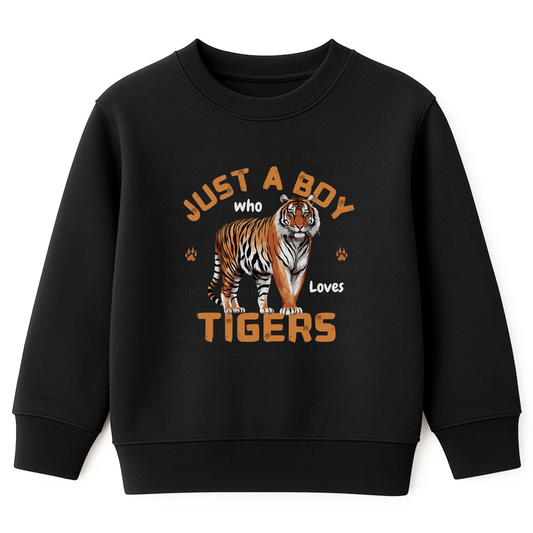 Boys black sweatshirt jumper featuring a bold tiger graphic and the phrase "Just a Boy Who Loves Tigers" design with foot prints and claw marks.