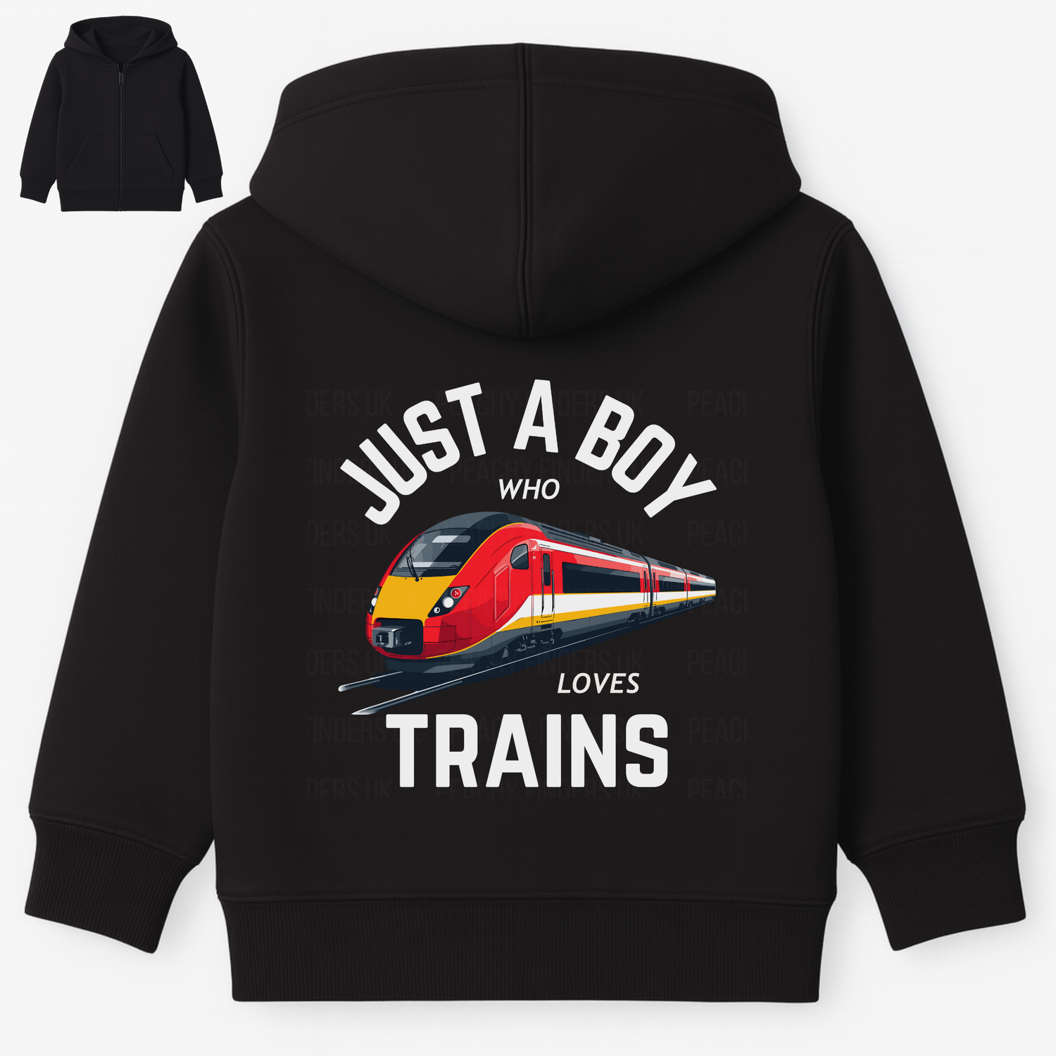 Back view of kids black zip hoodie with Just a Boy Who Loves Trains graphic and red modern train print