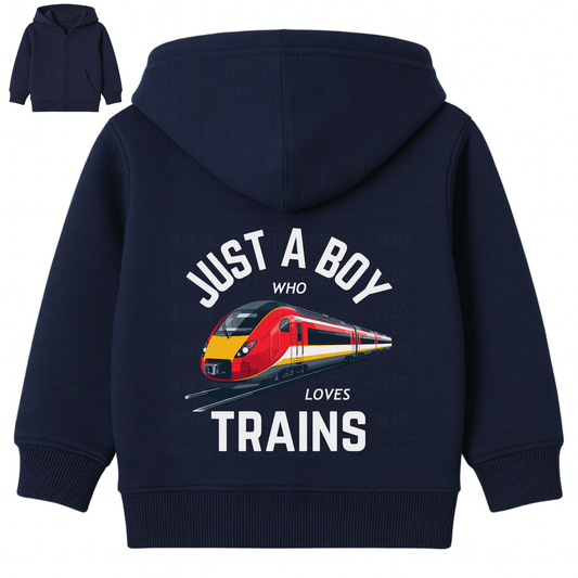 Back view of kids navy zip hoodie with Just a Boy Who Loves Trains graphic and red modern train print