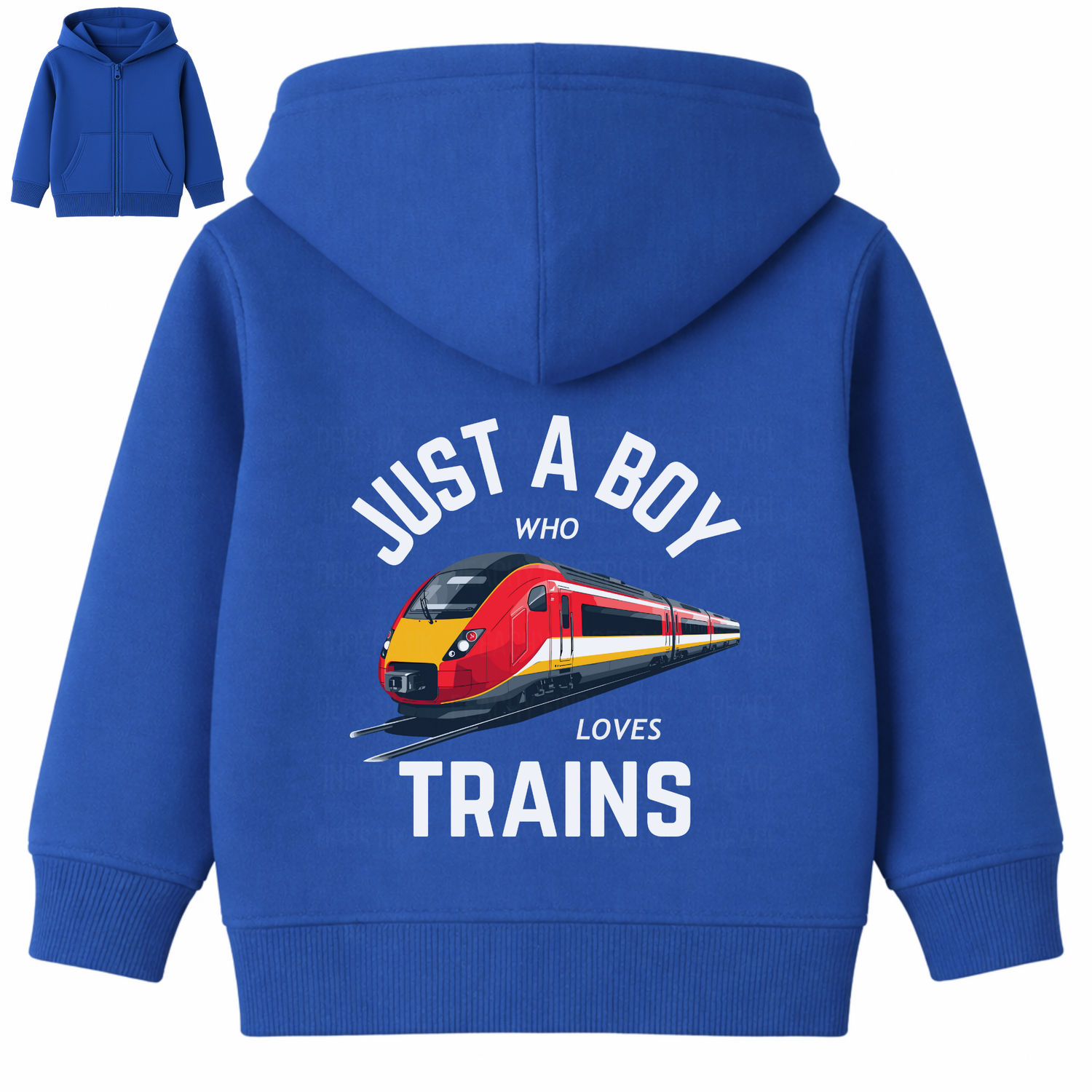 Back view of kids royal blue zip hoodie with Just a Boy Who Loves Trains graphic and red modern train print