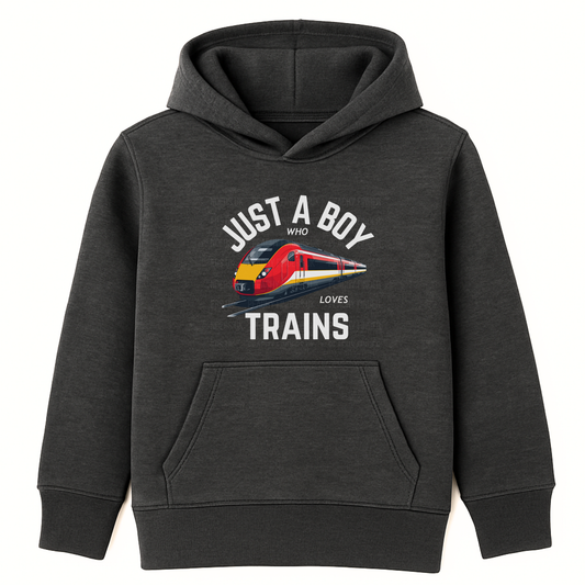 Charcoal grey kids hoodie with “Just a Boy Who Loves Trains” text and a red high-speed train graphic on the front.