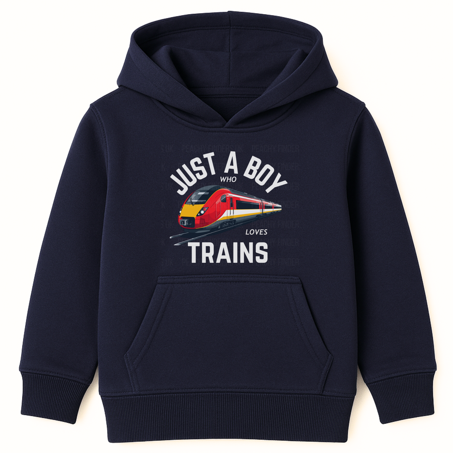Navy kids hoodie featuring a red high-speed train and “Just a Boy Who Loves Trains” slogan.