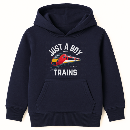 Navy kids hoodie featuring a red high-speed train and “Just a Boy Who Loves Trains” slogan.
