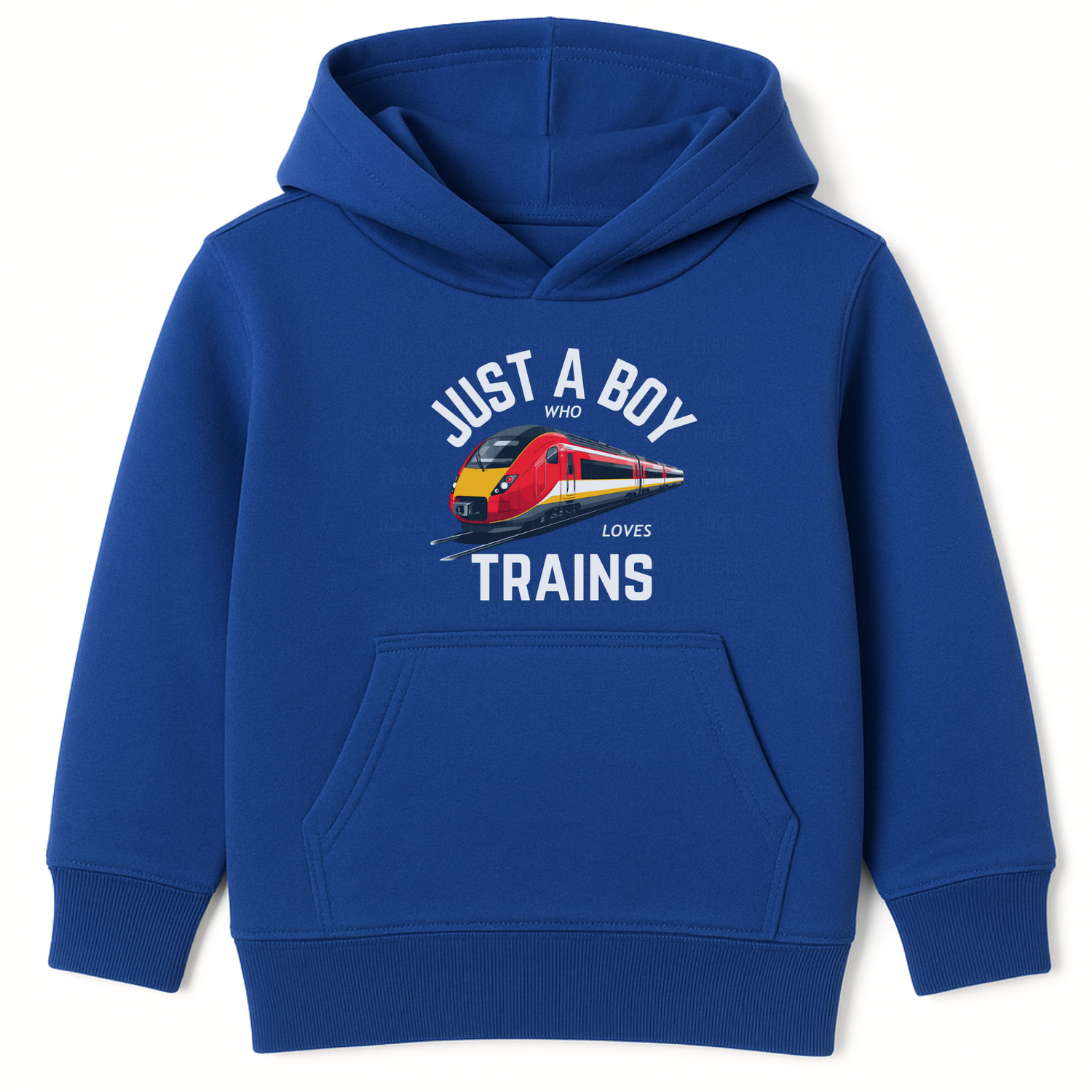 Royal blue kids train hoodie with bold red train graphic and white text.