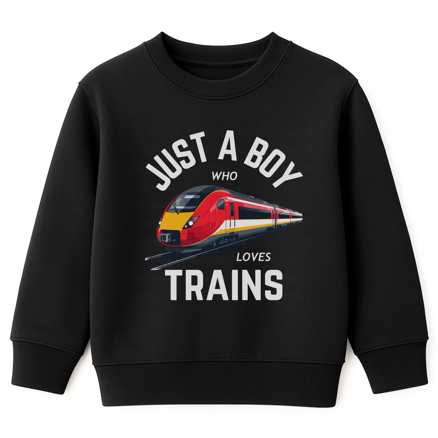 Kids black sweatshirt with “Just a Boy Who Loves Trains” text and red modern train graphic on the front.