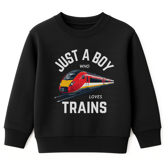 Kids black sweatshirt with “Just a Boy Who Loves Trains” text and red modern train graphic on the front.