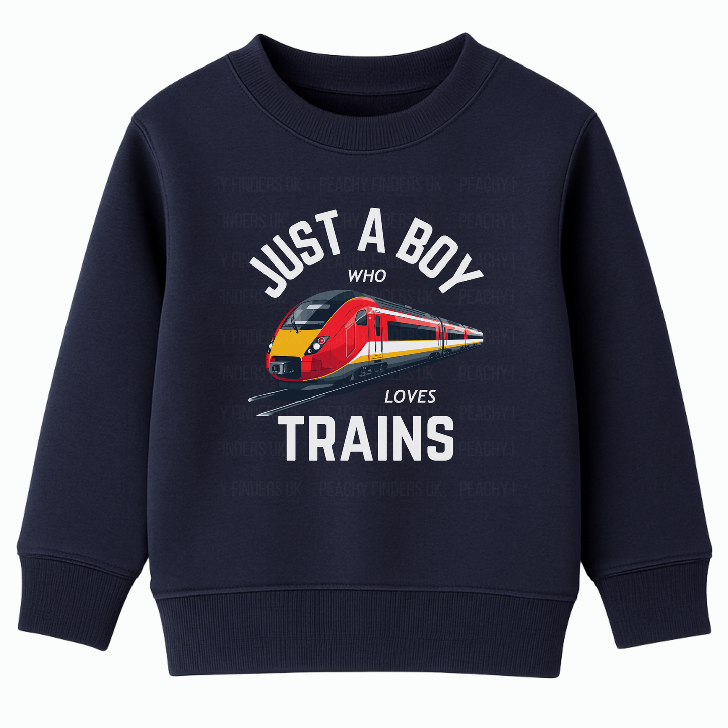Navy kids sweatshirt with “Just a Boy Who Loves Trains” text and red modern train graphic on the front.