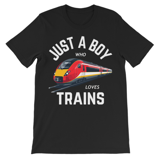 Boys ‘Just a Boy Who Loves Trains’ T-shirt in black with a bright red and yellow train graphic.