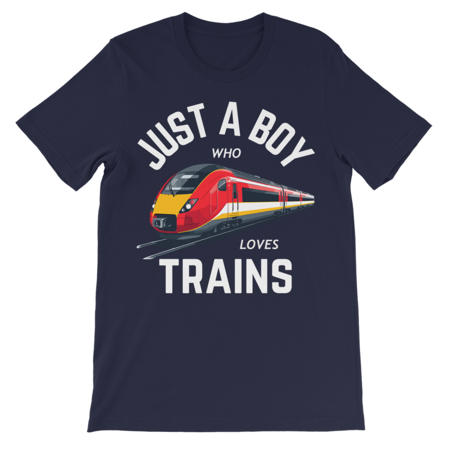 Boys ‘Just a Boy Who Loves Trains’ T-shirt in navy with a bright red and yellow train graphic.