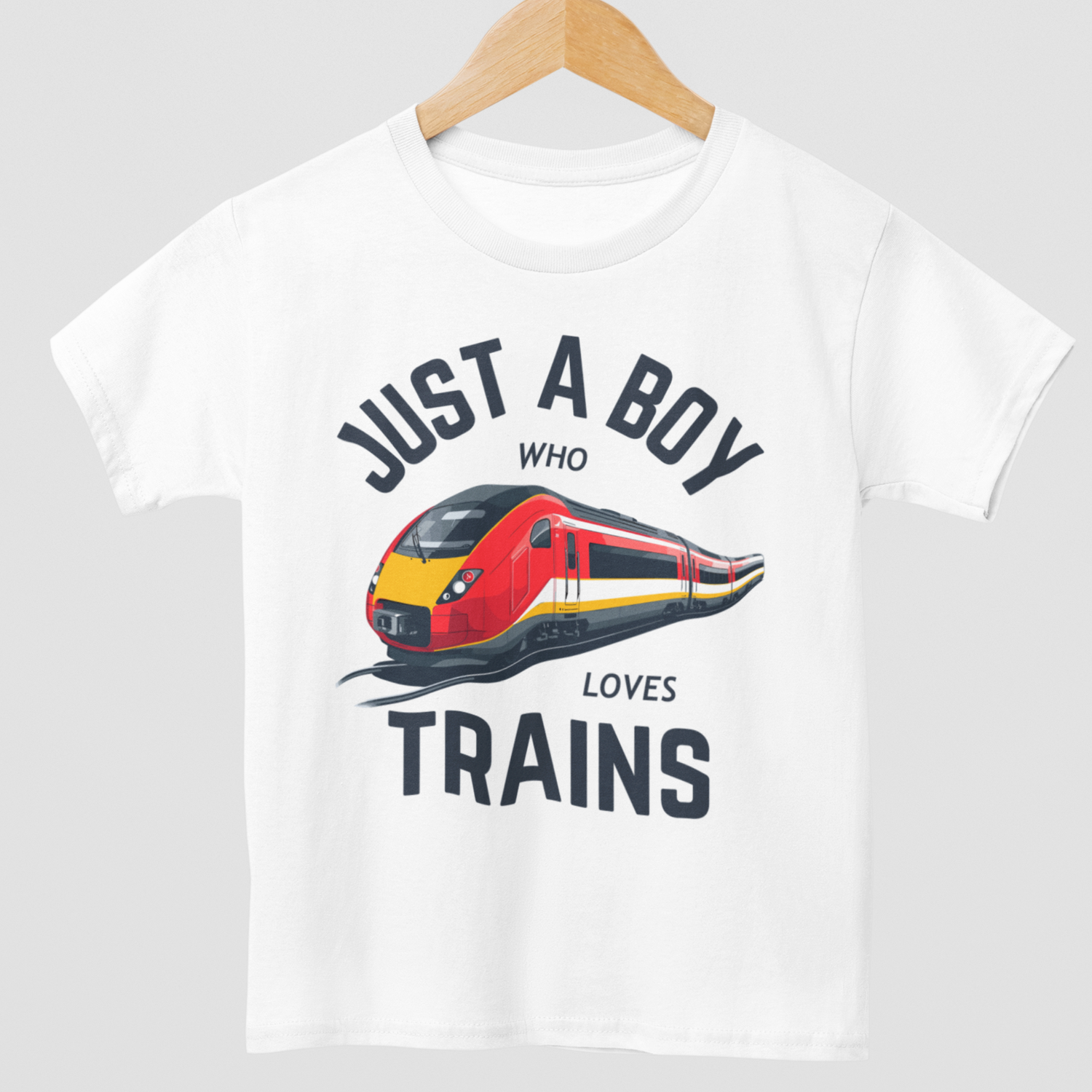 Boys ‘Just a Boy Who Loves Trains’ T-shirt in white with a bright red and yellow train graphic.