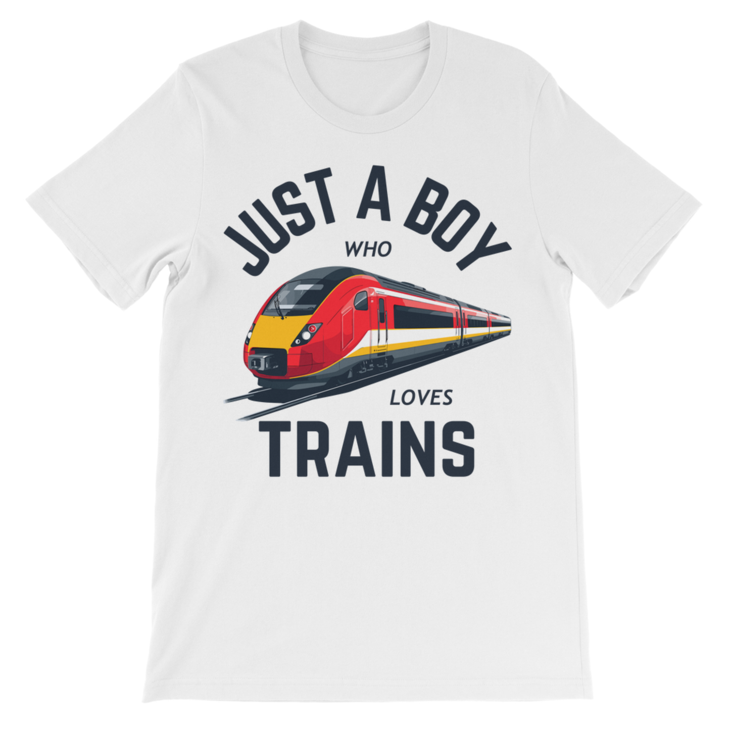 Boys ‘Just a Boy Who Loves Trains’ white cotton t-shirt  with a bright red and yellow train graphic.