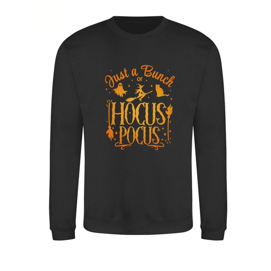 Black Halloween sweatshirt with orange “Just a Bunch of Hocus Pocus” lettering, ghost, flying witch and sitting cat design.