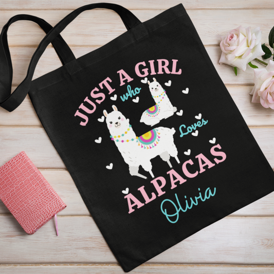 "Just a Girl who Loves Alpacas" Girls Personalised Printed Tote Bag