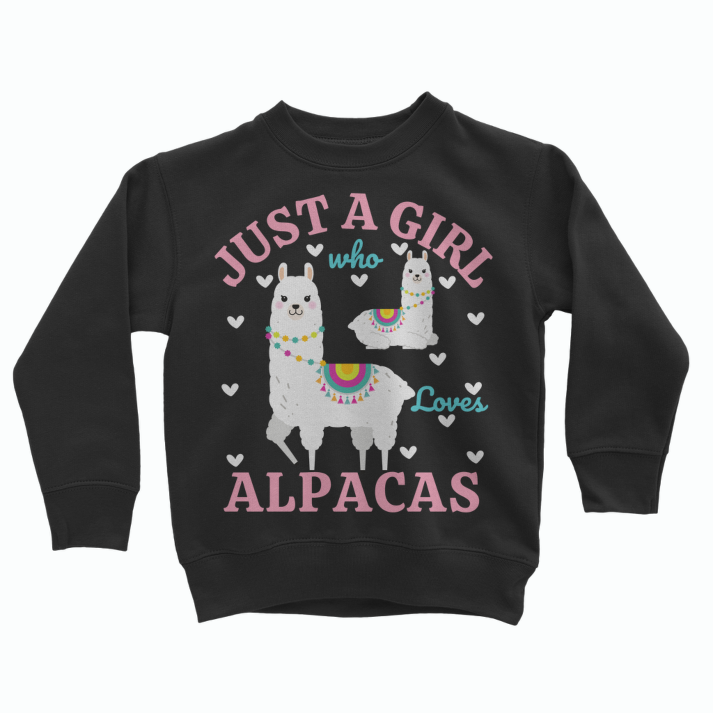 Girls black sweatshirt with pink text and alpaca graphics on a white background