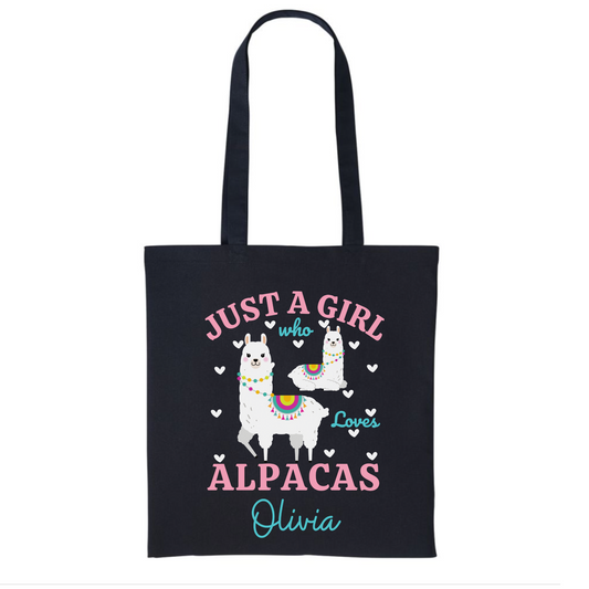 "Just a Girl who Loves Alpacas" Girls Personalised Printed Tote Bag