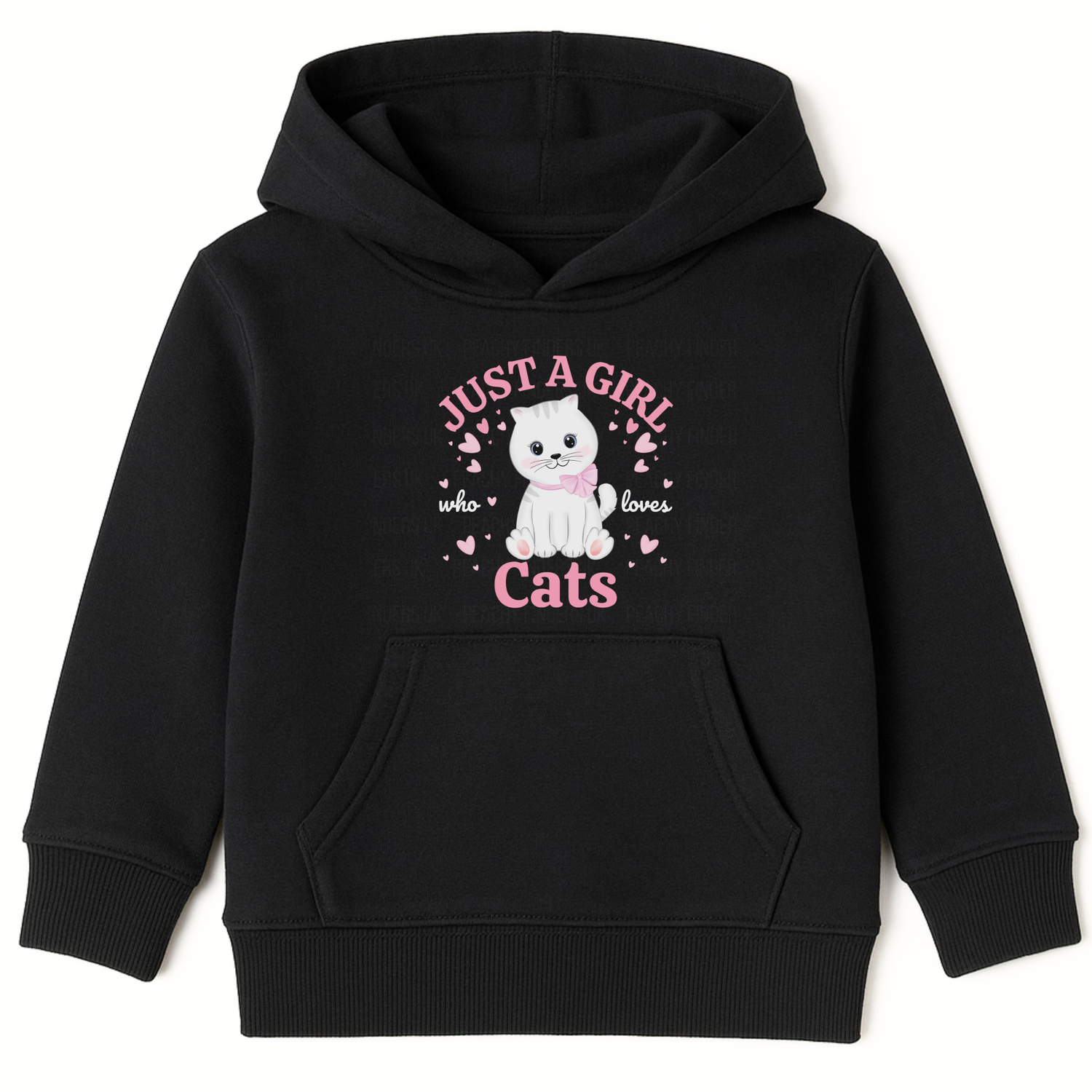 Girls black pullover hoodie featuring white kitten graphic and text ‘Just a Girl Who Loves Cats’ surrounded by pink hearts
