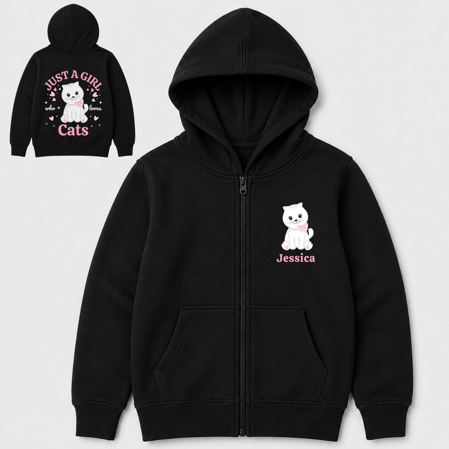 Girls personalised black zip hoodie with a white kitten and custom name on the front, plus a large pink “Just a Girl Who Loves Cats” back print.