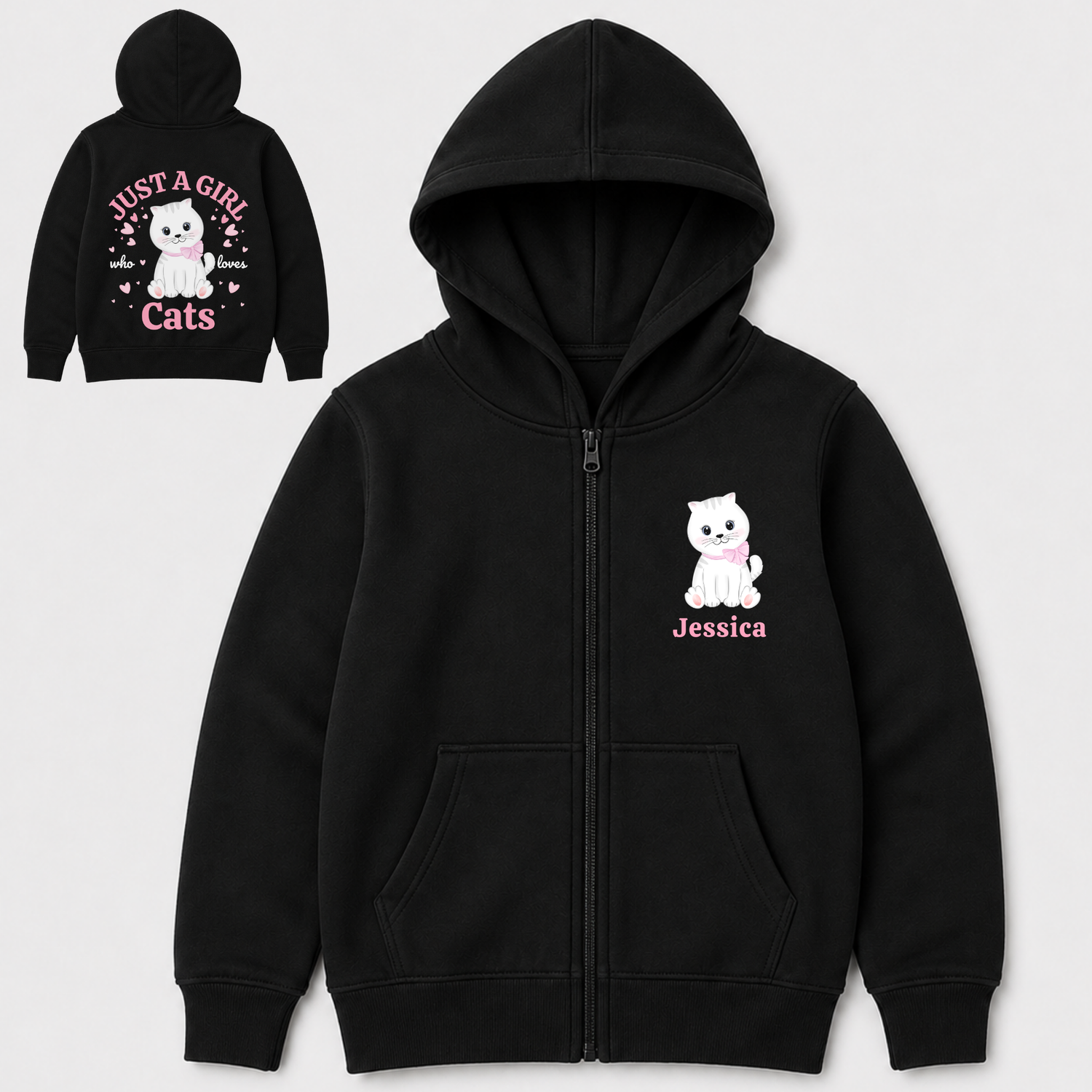 Girls personalised black zip hoodie with a white kitten and custom name on the front, plus a large pink “Just a Girl Who Loves Cats” back print.