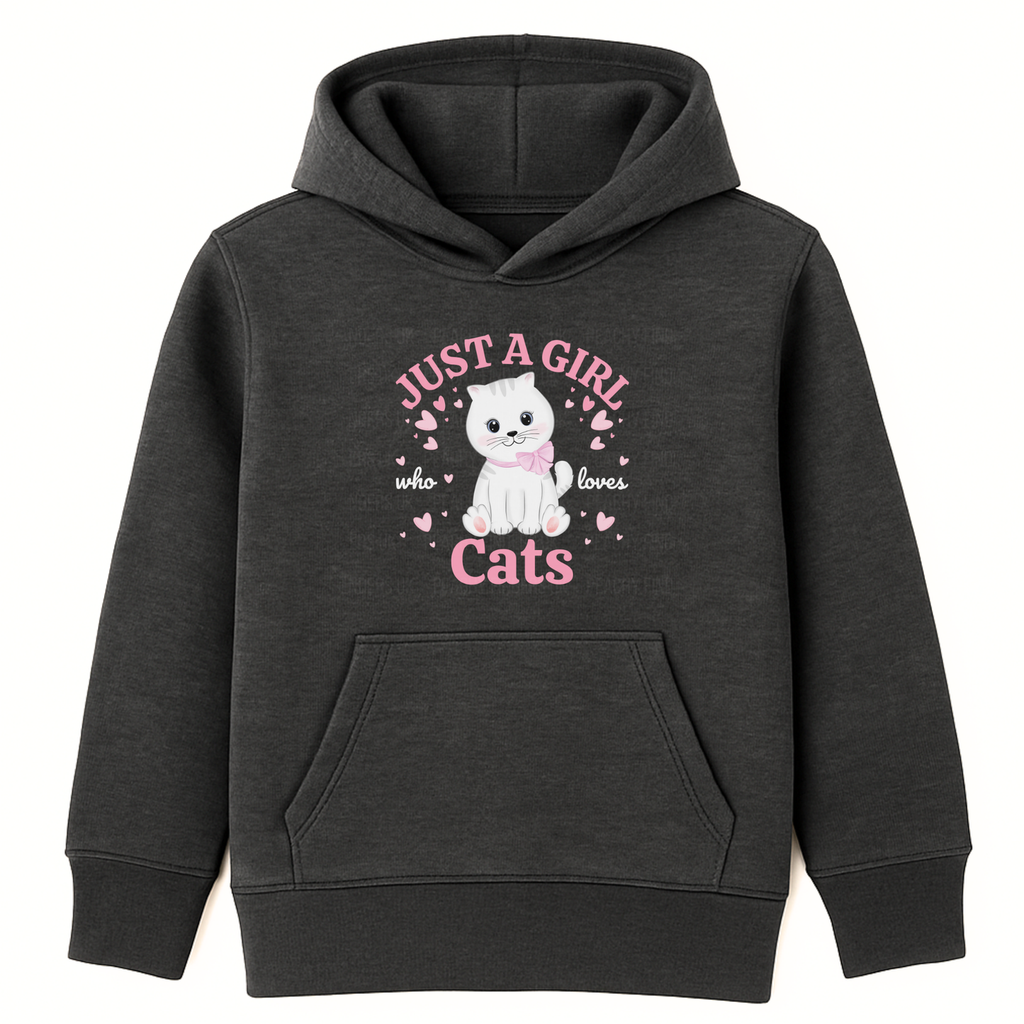 Kids charcoal grey hoodie featuring white kitten graphic and text ‘Just a Girl Who Loves Cats’ surrounded by pink hearts