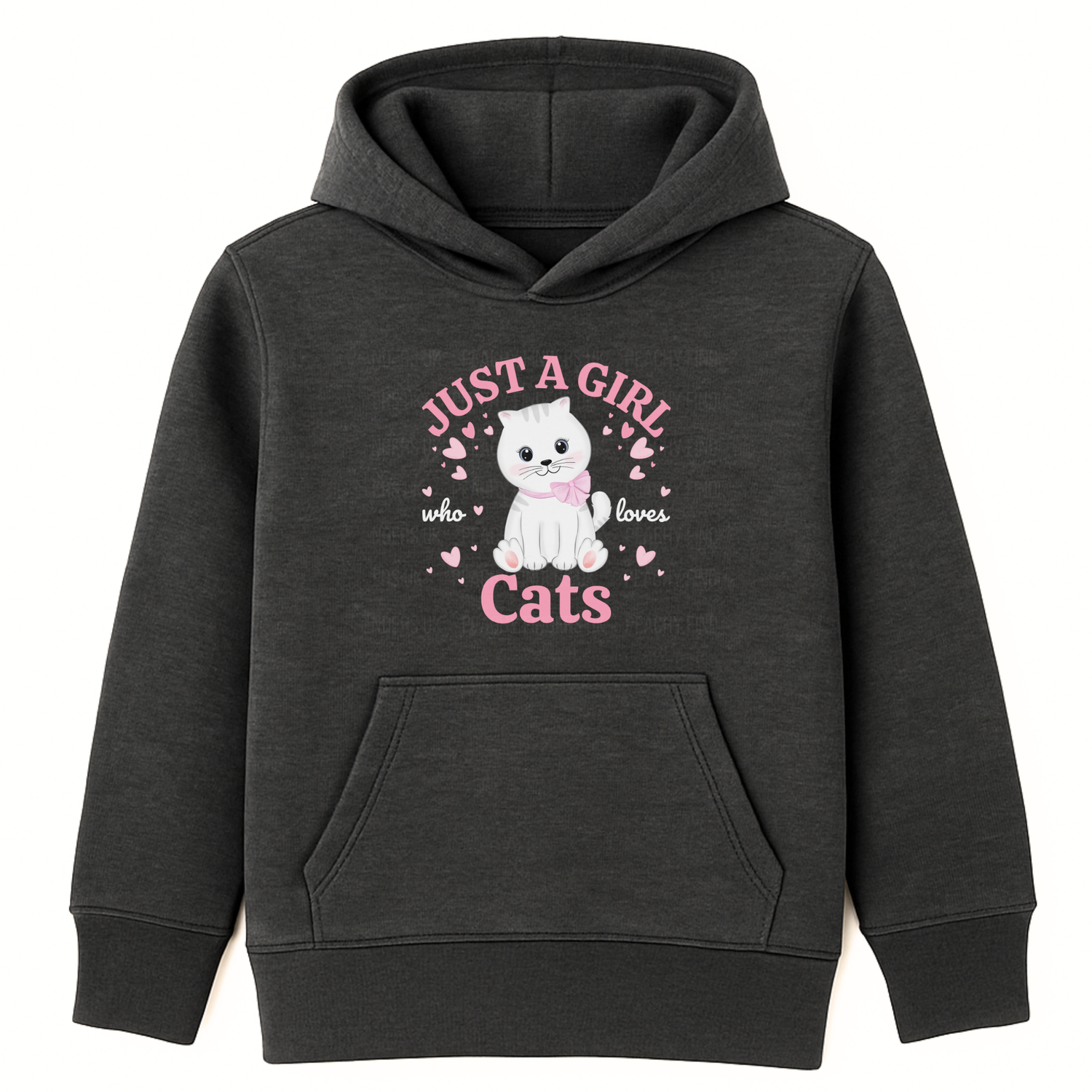 Kids charcoal grey hoodie featuring white kitten graphic and text ‘Just a Girl Who Loves Cats’ surrounded by pink hearts