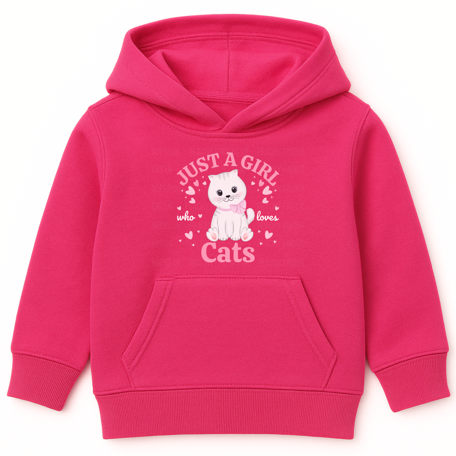 Hot pink kids hoodie featuring white kitten graphic and text ‘Just a Girl Who Loves Cats’ surrounded by pink hearts