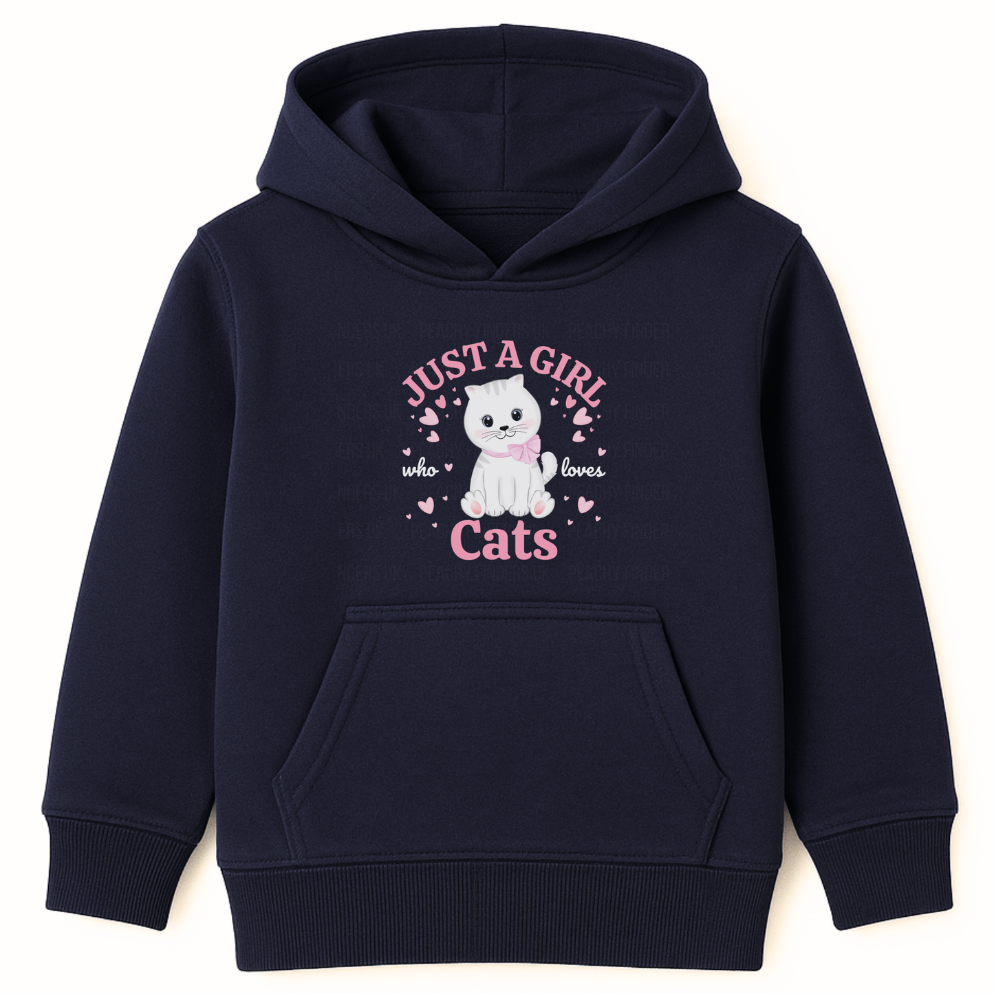 Navy kids hoodie featuring white kitten graphic and text ‘Just a Girl Who Loves Cats’ surrounded by pink hearts