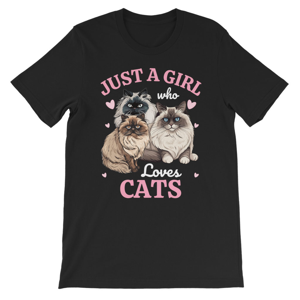 Girls black t-shirt featuring three fluffy Ragdoll and Persian cats surrounded by pink hearts and the text ‘Just a Girl Who Loves Cats’