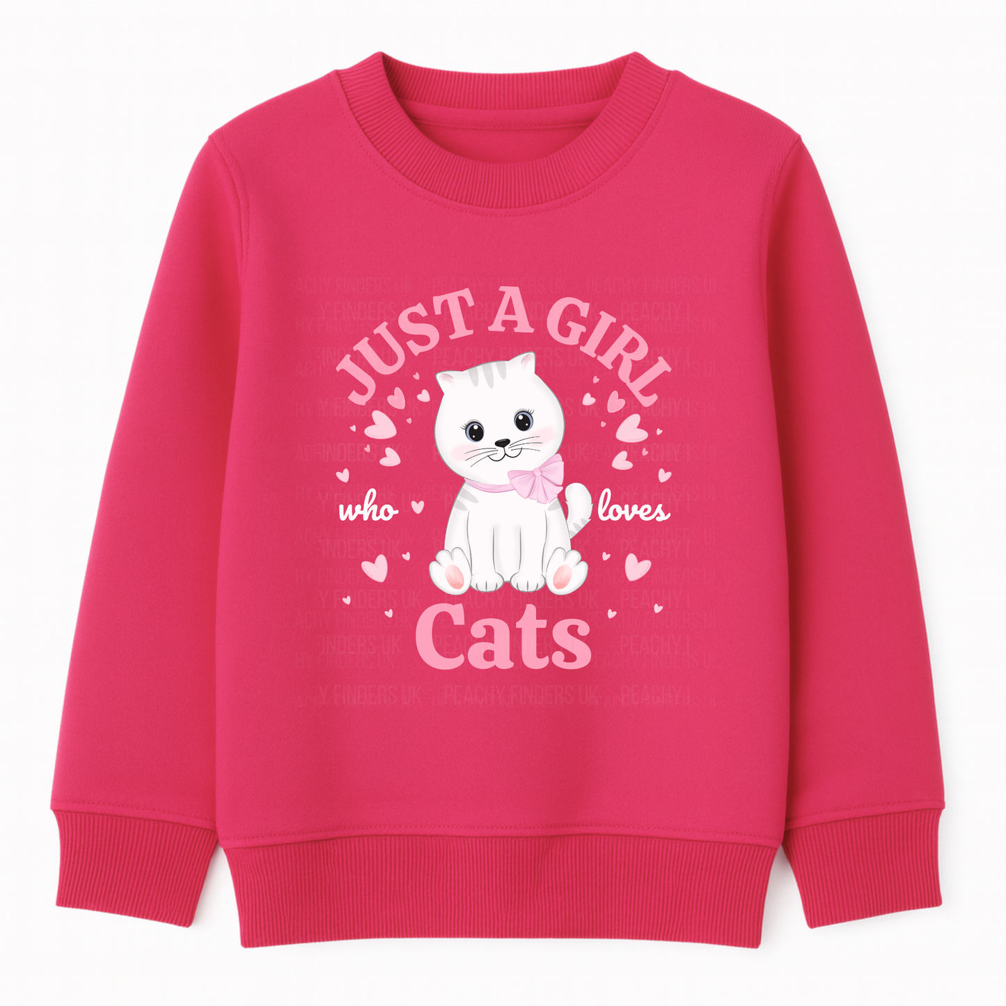 Hot pink kids sweatshirt featuring a white kitten with pink bow surrounded by hearts and the text ‘Just a Girl Who Loves Cats’