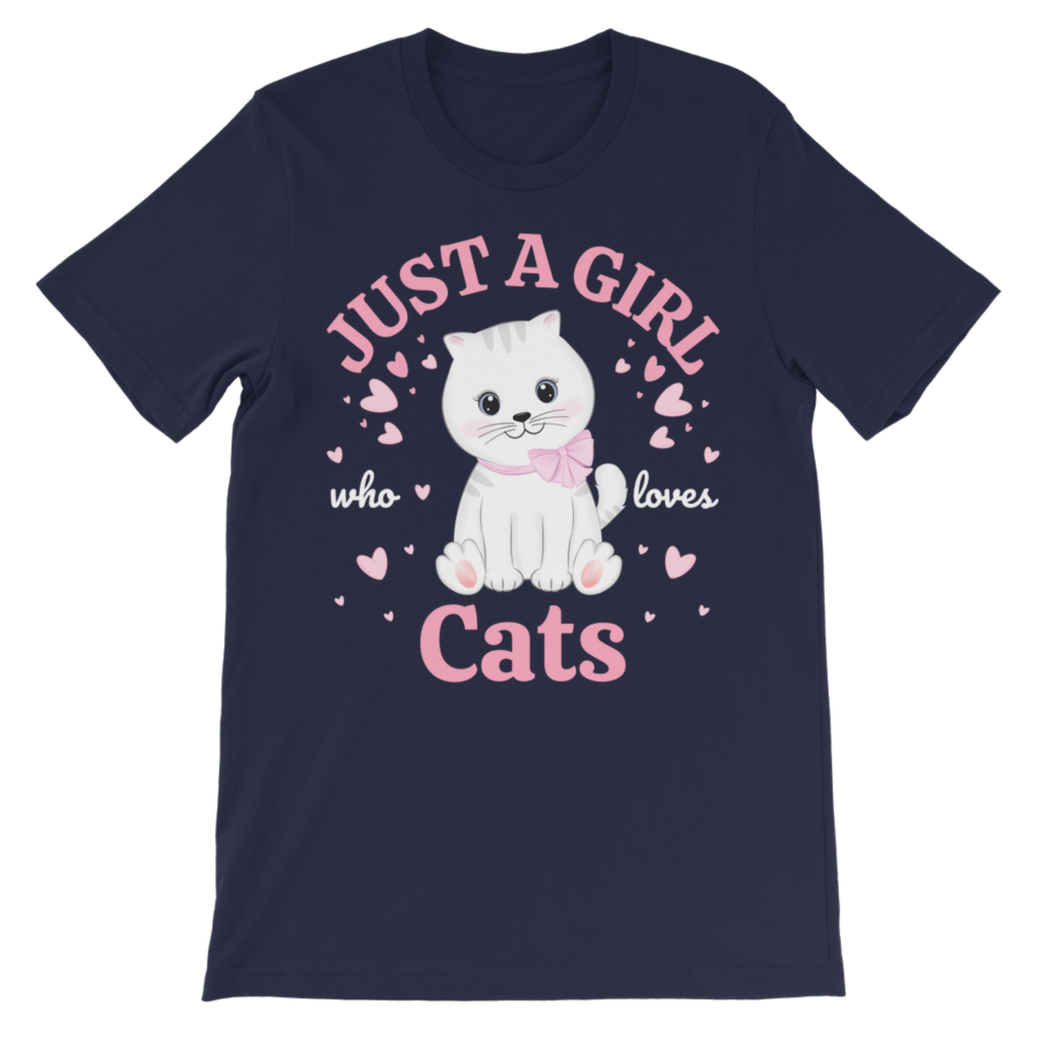 Navy blue t-shirt with a graphic of a cat and text 'Just a girl who loves cats' on a white background