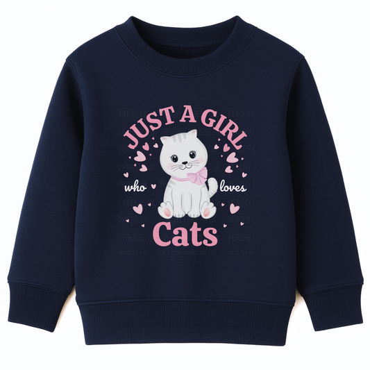 Navy kids sweatshirt featuring a white kitten with pink bow surrounded by hearts and the text ‘Just a Girl Who Loves Cats’