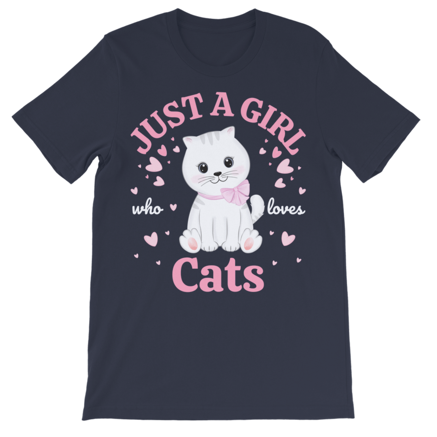 Navy kids t-shirt featuring a cute white kitten with pink bow surrounded by hearts and text ‘Just a Girl Who Loves Cats’