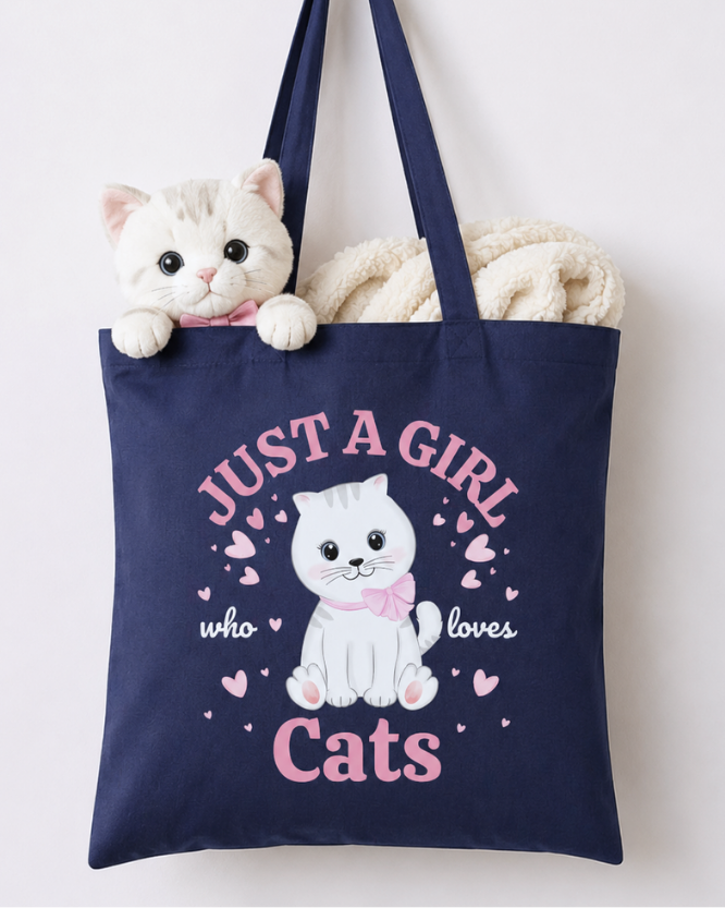 A kids navy blue cotton tote bag with a printed graphic of a white kitten and the text 'JUST A GIRL who loves Cats' in pink and white. A plush white kitten toy and a cream-coloured blanket are tucked inside the bag, set against a plain white background.