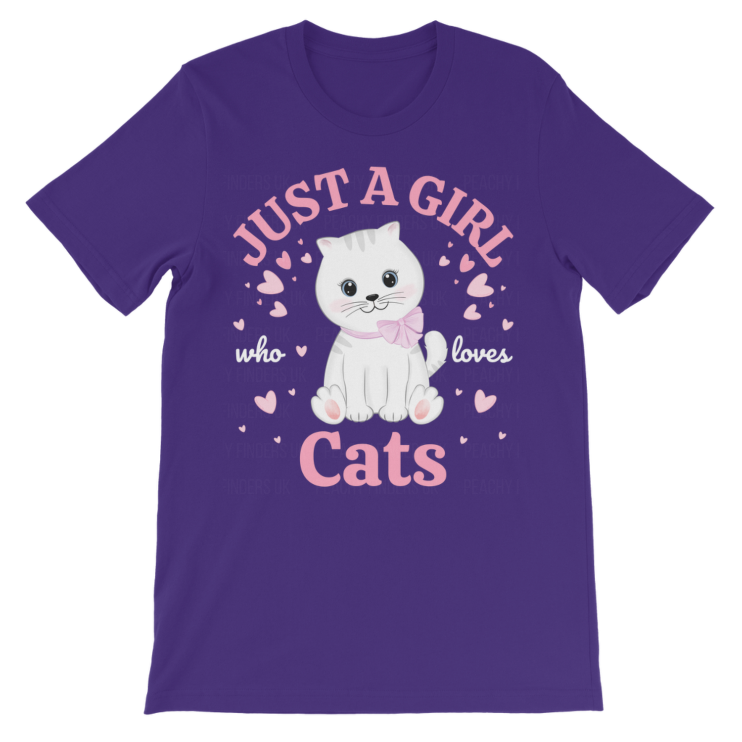 Girls purple t-shirt with a cat graphic and text on a white background