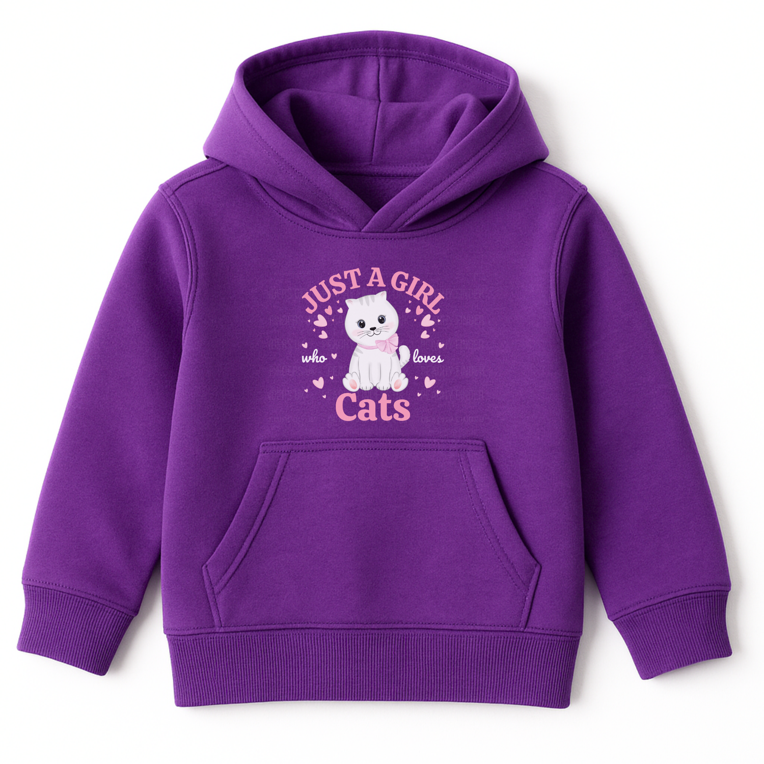 Purple kids hoodie featuring white kitten graphic and text ‘Just a Girl Who Loves Cats’ surrounded by pink hearts