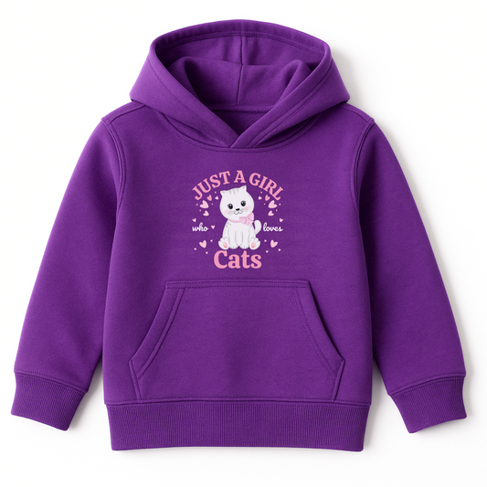 Purple kids hoodie featuring white kitten graphic and text ‘Just a Girl Who Loves Cats’ surrounded by pink hearts