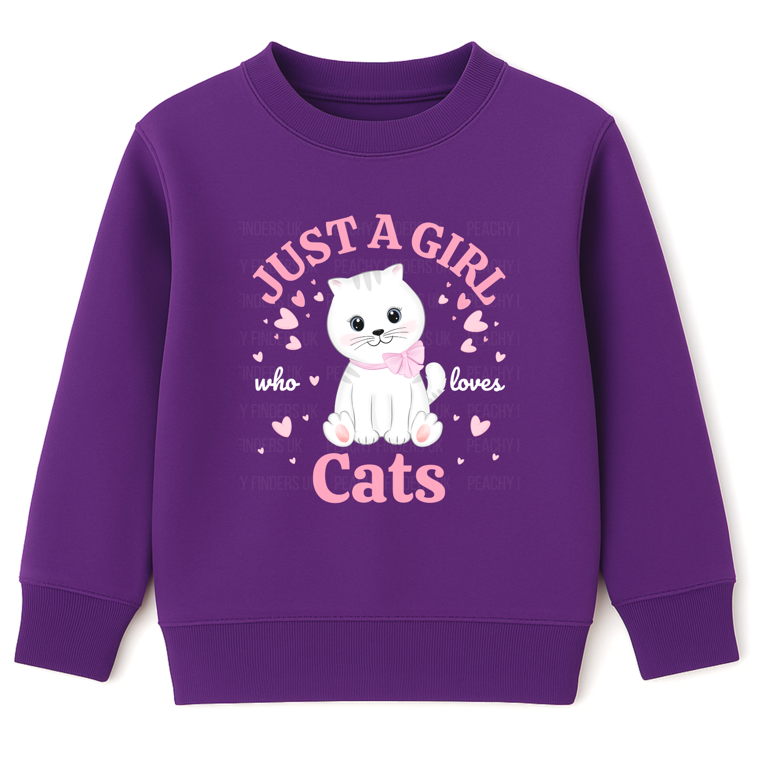 Purple kids sweatshirt featuring a white kitten with pink bow surrounded by hearts and the text ‘Just a Girl Who Loves Cats’