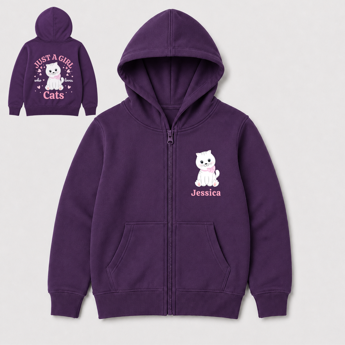 Girls personalised purple zip hoodie with a white kitten and custom name on the front, finished with a large “Just a Girl Who Loves Cats” graphic on the back.