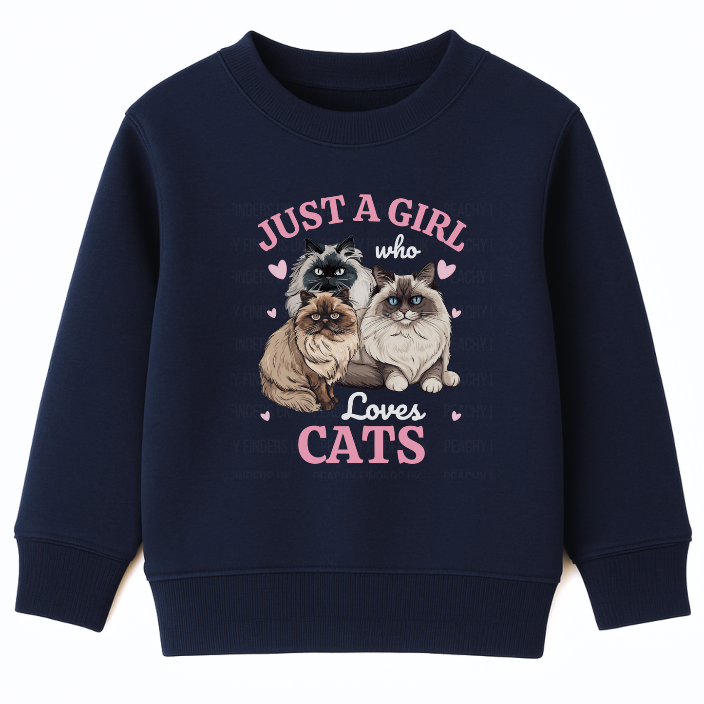 Kids navy sweatshirt printed with three fluffy Ragdoll and Persian cats, pink hearts and the text ‘Just a Girl Who Loves Cats’