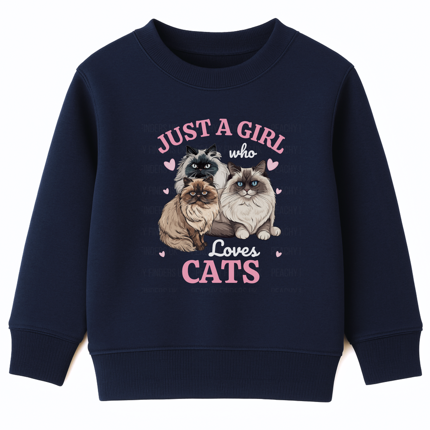 Kids navy sweatshirt printed with three fluffy Ragdoll and Persian cats, pink hearts and the text ‘Just a Girl Who Loves Cats’