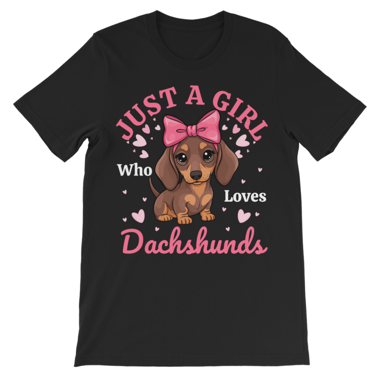 A kids black short-sleeve crewneck t-shirt featuring a cartoon graphic of a brown dachshund wearing a pink bow, surrounded by pink hearts and the text 'JUST A GIRL Who Loves Dachshunds' in pink and white.