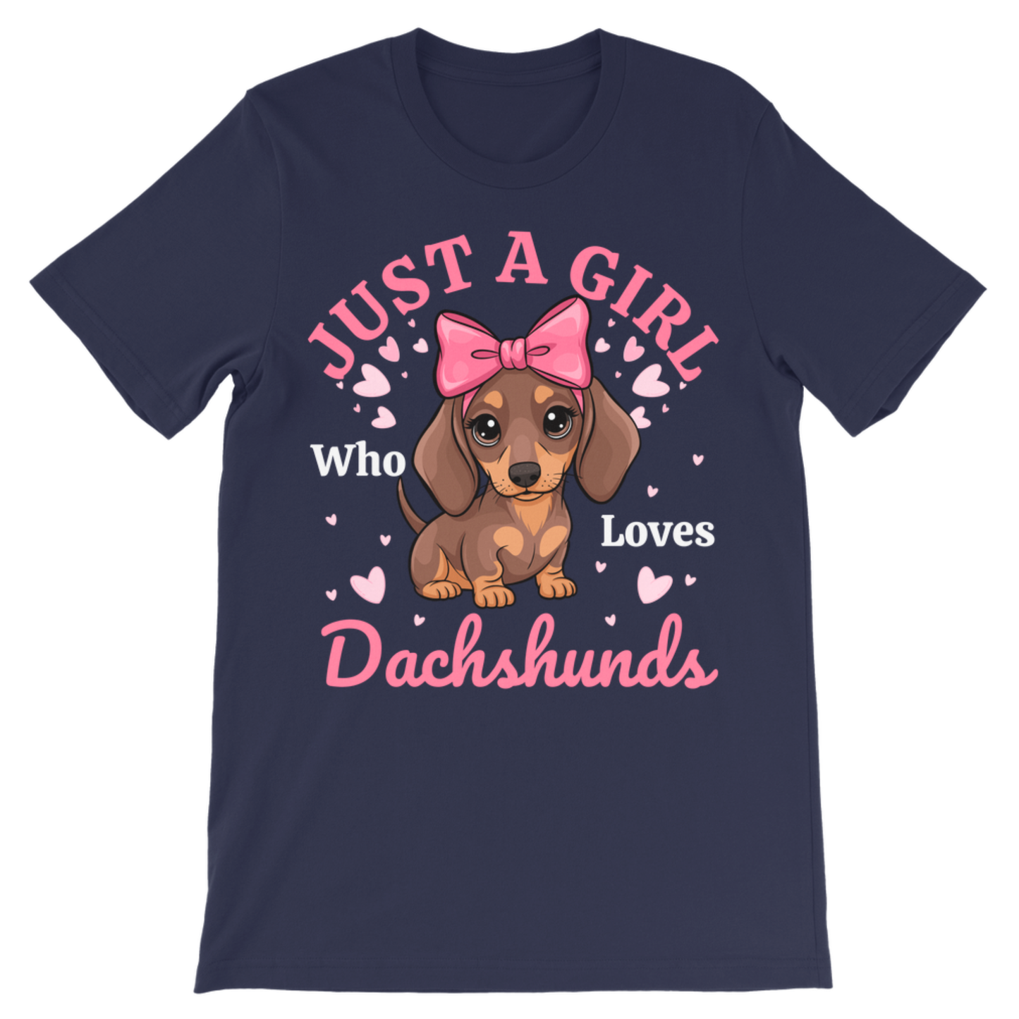 A kids navy blue short-sleeve t-shirt with a graphic print of a cute brown dachshund wearing a pink bow, surrounded by pink hearts and the text 'JUST A GIRL Who Loves Dachshunds'.