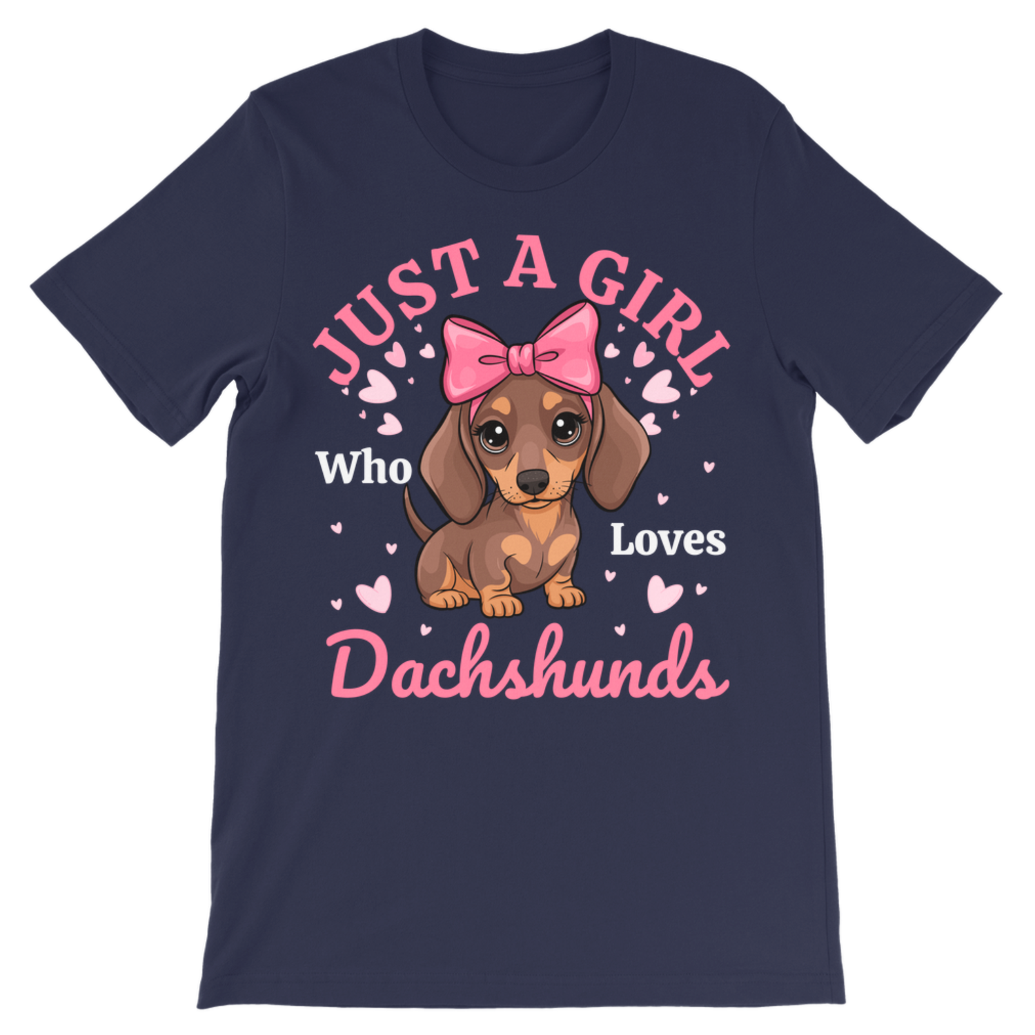 A kids navy blue short-sleeve t-shirt with a graphic print of a cute brown dachshund wearing a pink bow, surrounded by pink hearts and the text 'JUST A GIRL Who Loves Dachshunds'.