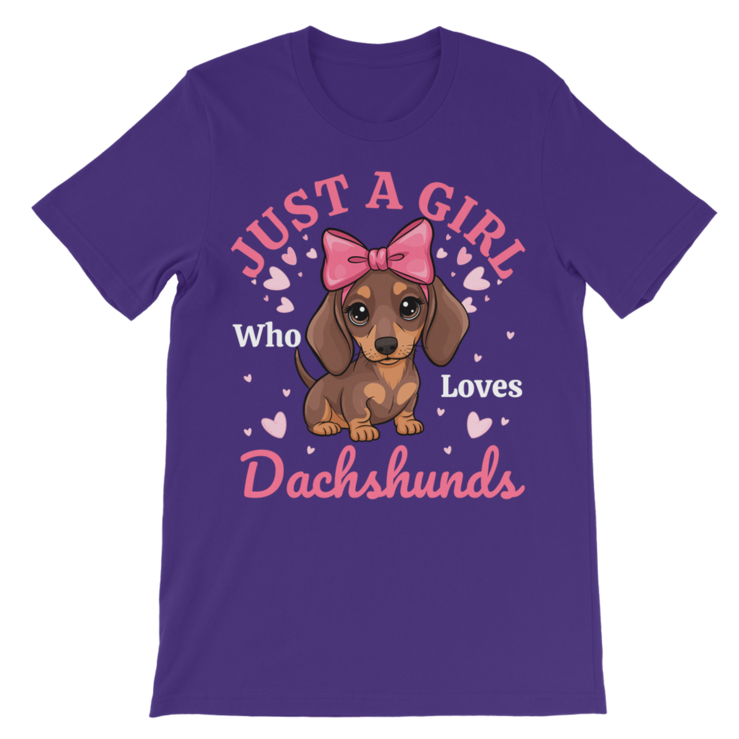 A kids purple short-sleeve crewneck t-shirt featuring a cartoon graphic of a brown dachshund wearing a pink bow, surrounded by the text 'JUST A GIRL Who Loves Dachshunds' and small pink hearts.