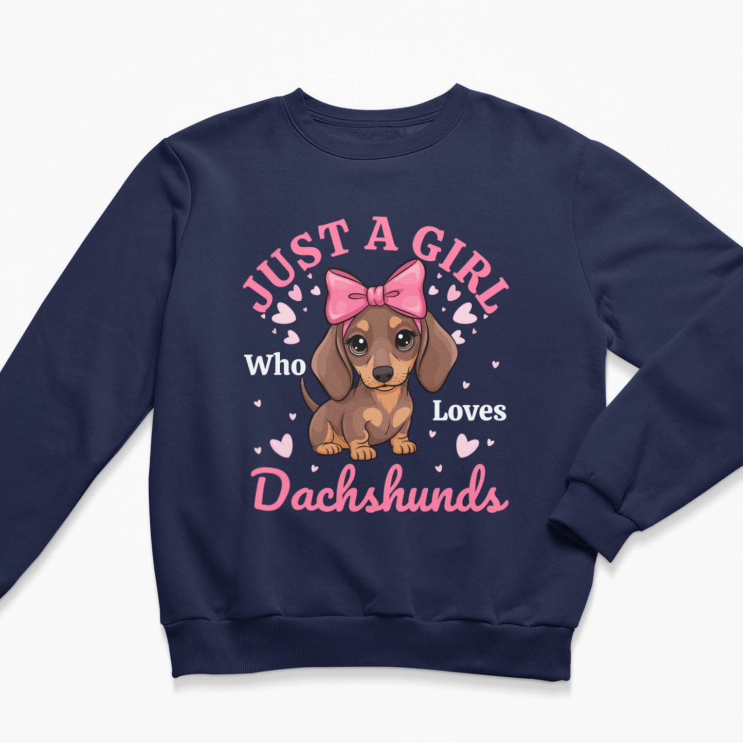 A kids navy blue crewneck sweatshirt featuring a graphic print of a brown dachshund with a pink bow, surrounded by pink hearts and the text 'JUST A GIRL Who Loves Dachshunds'.