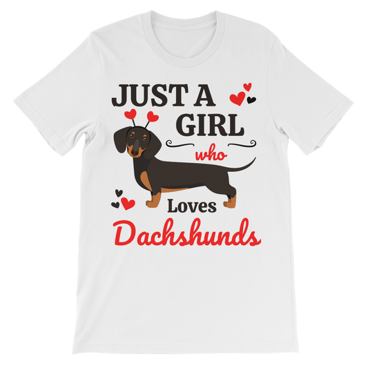 Kids white short sleeved t-shirt with the text 'JUST A GIRL who Loves Dachshunds' and an illustration of a Dachshund and hearts.